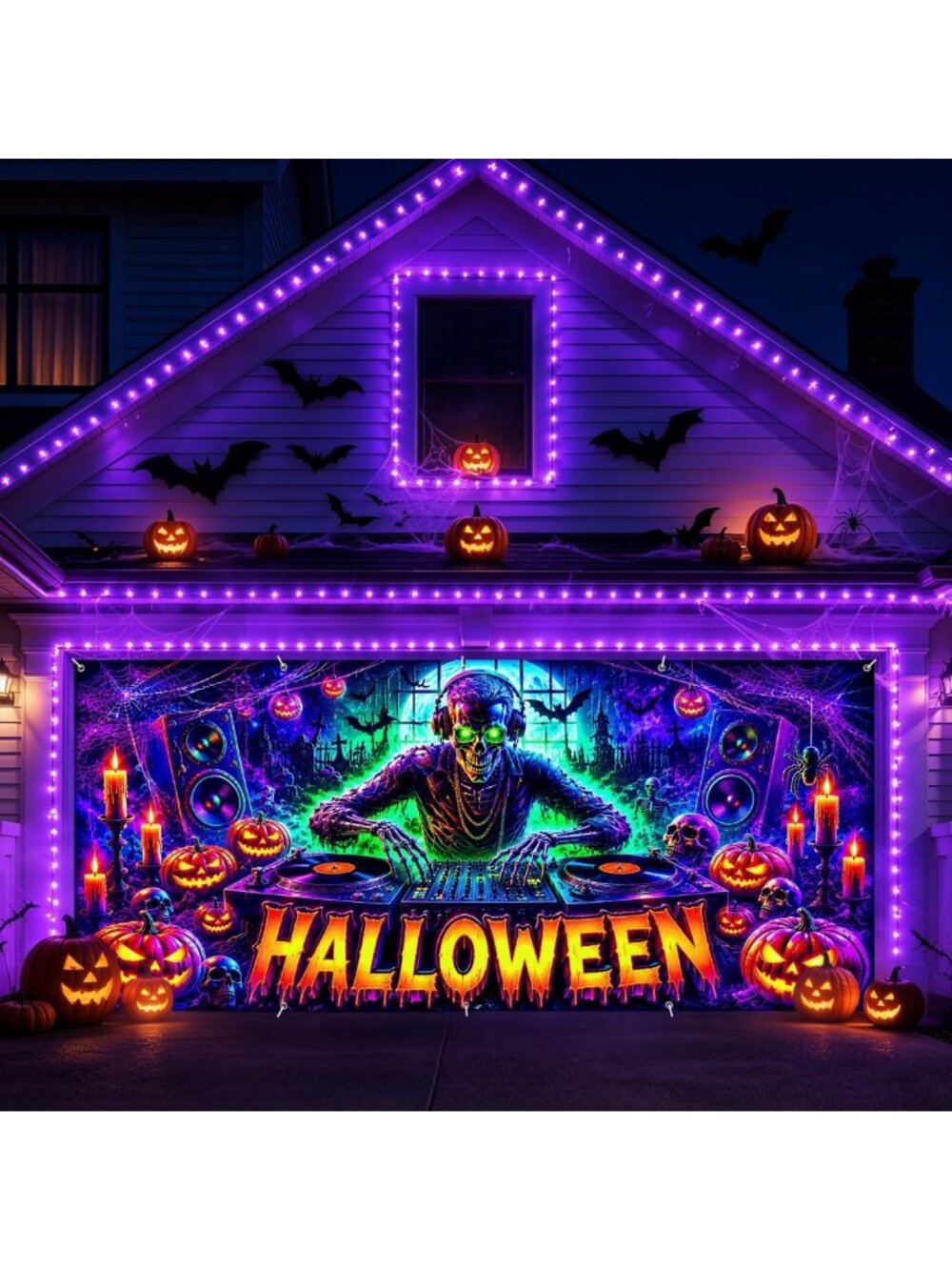 Large Halloween Garage Door Banner - UV Glow Skeleton DJ & Neon Pumpkin Decor